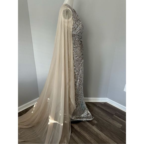 PAMELLA ROLAND Sequin Asymmetric Cape Gown - Picture 8 of 16